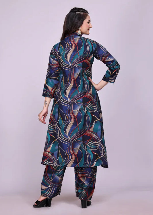 Dark Cotton Blue Kurti Pant Set For Women