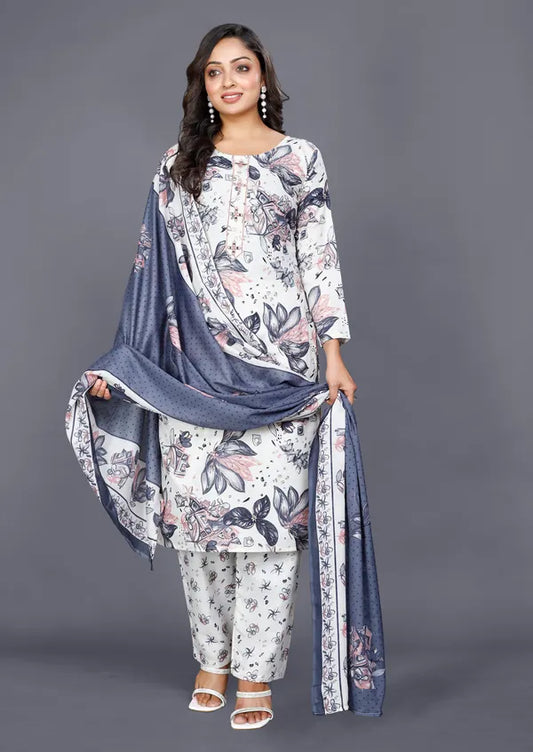Grey Cotton Kurti Pant Dupatta Set For Women