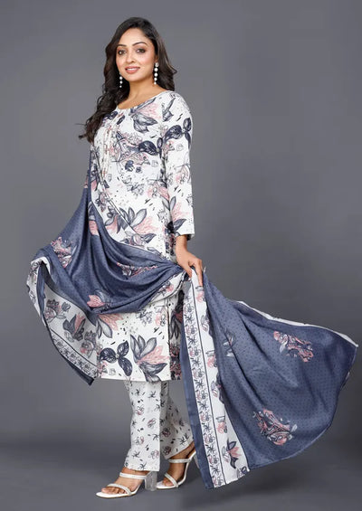 Grey Cotton Kurti Pant Dupatta Set For Women