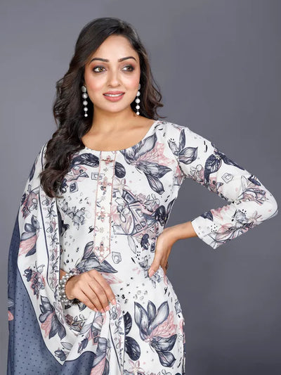 Grey Cotton Kurti Pant Dupatta Set For Women
