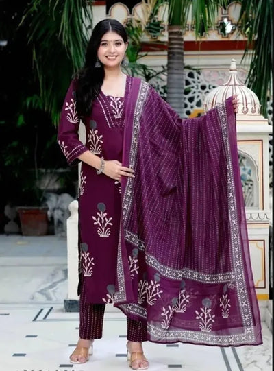 Purple Cotton Kurti Pant With Dupatta Set For Women
