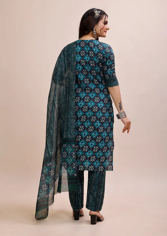 Blue Cotton Kurti Pant With Dupatta Set For Women