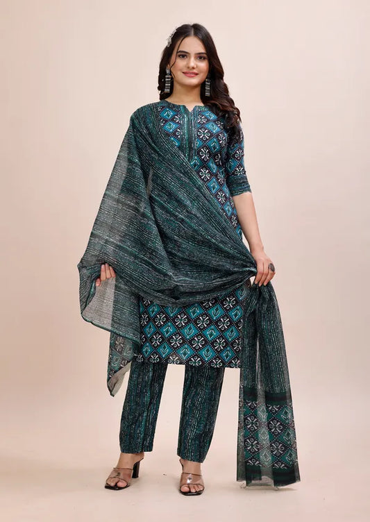 Blue Cotton Kurti Pant With Dupatta Set For Women
