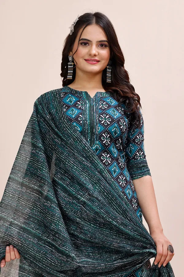 Blue Cotton Kurti Pant With Dupatta Set For Women