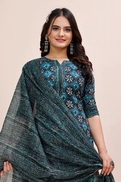Blue Cotton Kurti Pant With Dupatta Set For Women