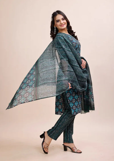 Blue Cotton Kurti Pant With Dupatta Set For Women