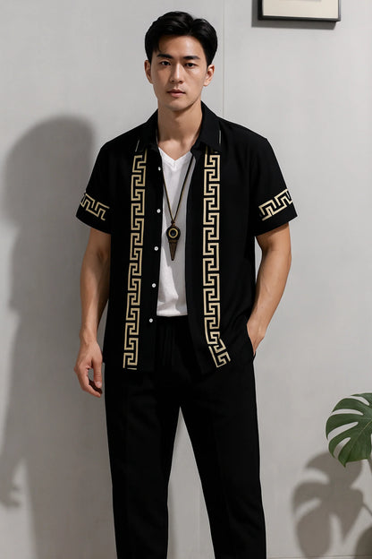 Black Border Men's Casual Half Sleeve Shirt and Full Pant Set