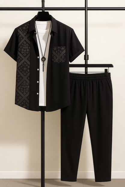 Black Design Men's Casual Half Sleeve Shirt and Full Pant Set