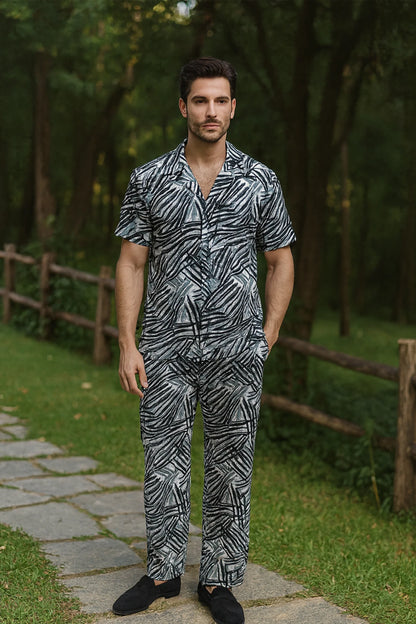 Black Scratch Men's Casual Half Sleeve Shirt and Full Pant Set