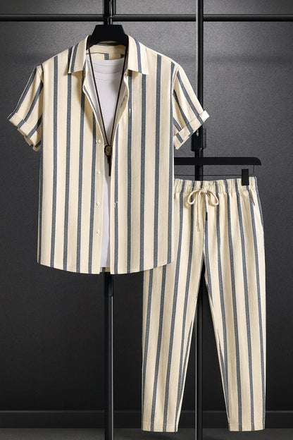 Cream Line Men's Casual Half Sleeve Shirt and Full Pant Set