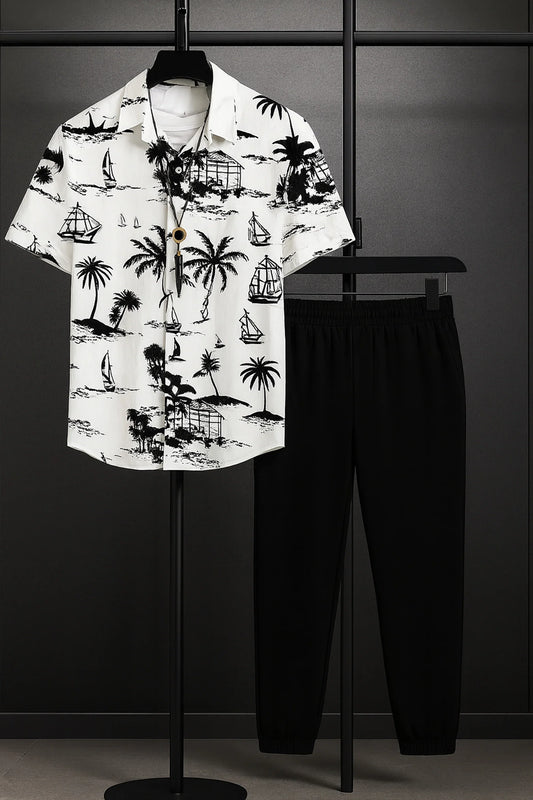 White Beach Men's Casual Half Sleeve Shirt and Full Pant Set