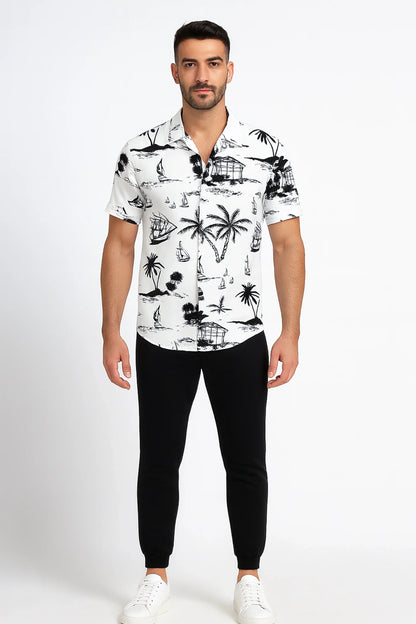 White Beach Men's Casual Half Sleeve Shirt and Full Pant Set