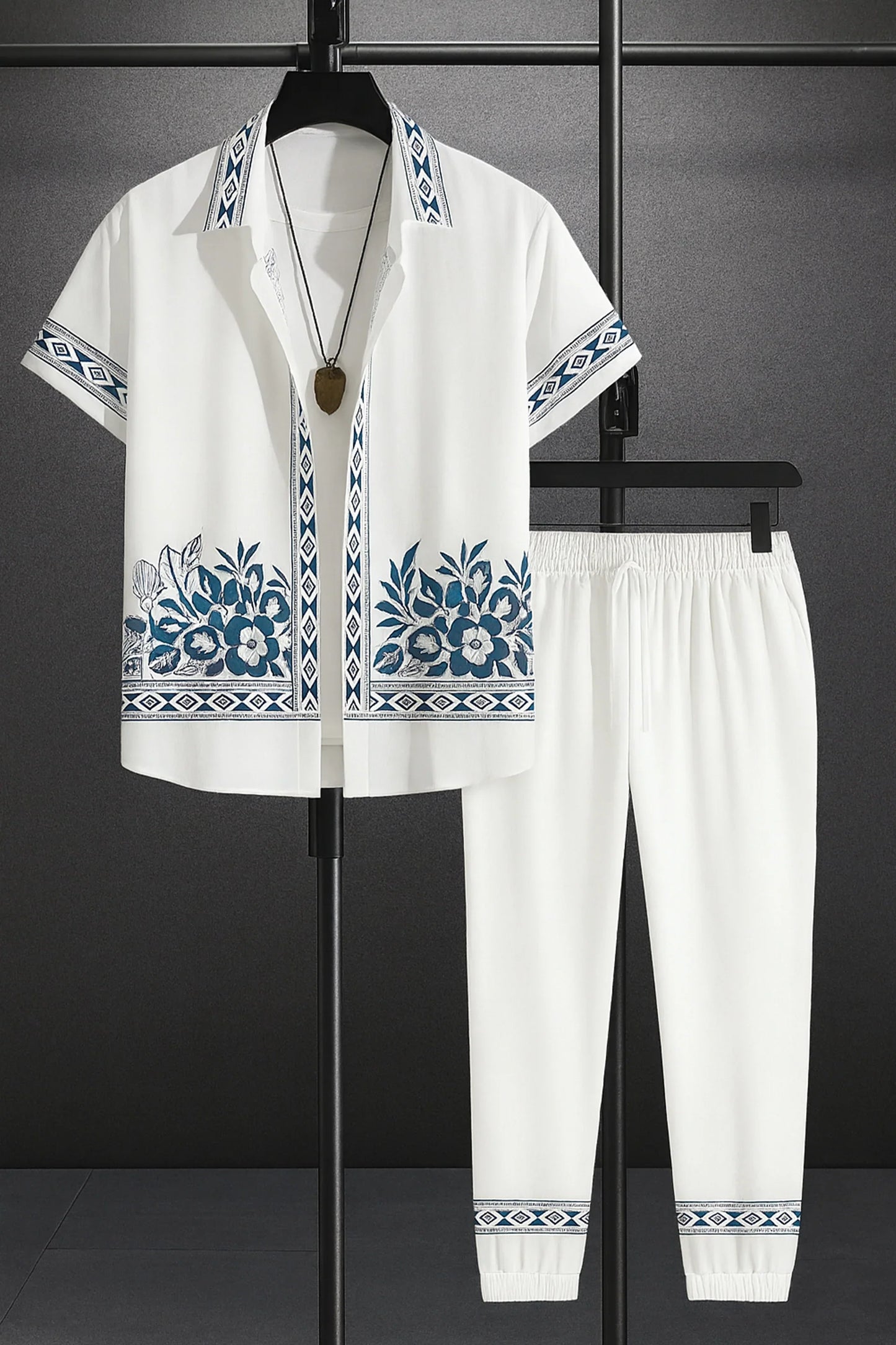 White Border Men's Casual Half Sleeve Shirt and Full Pant Set