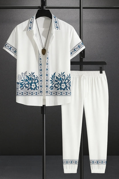 White Border Men's Casual Half Sleeve Shirt and Full Pant Set