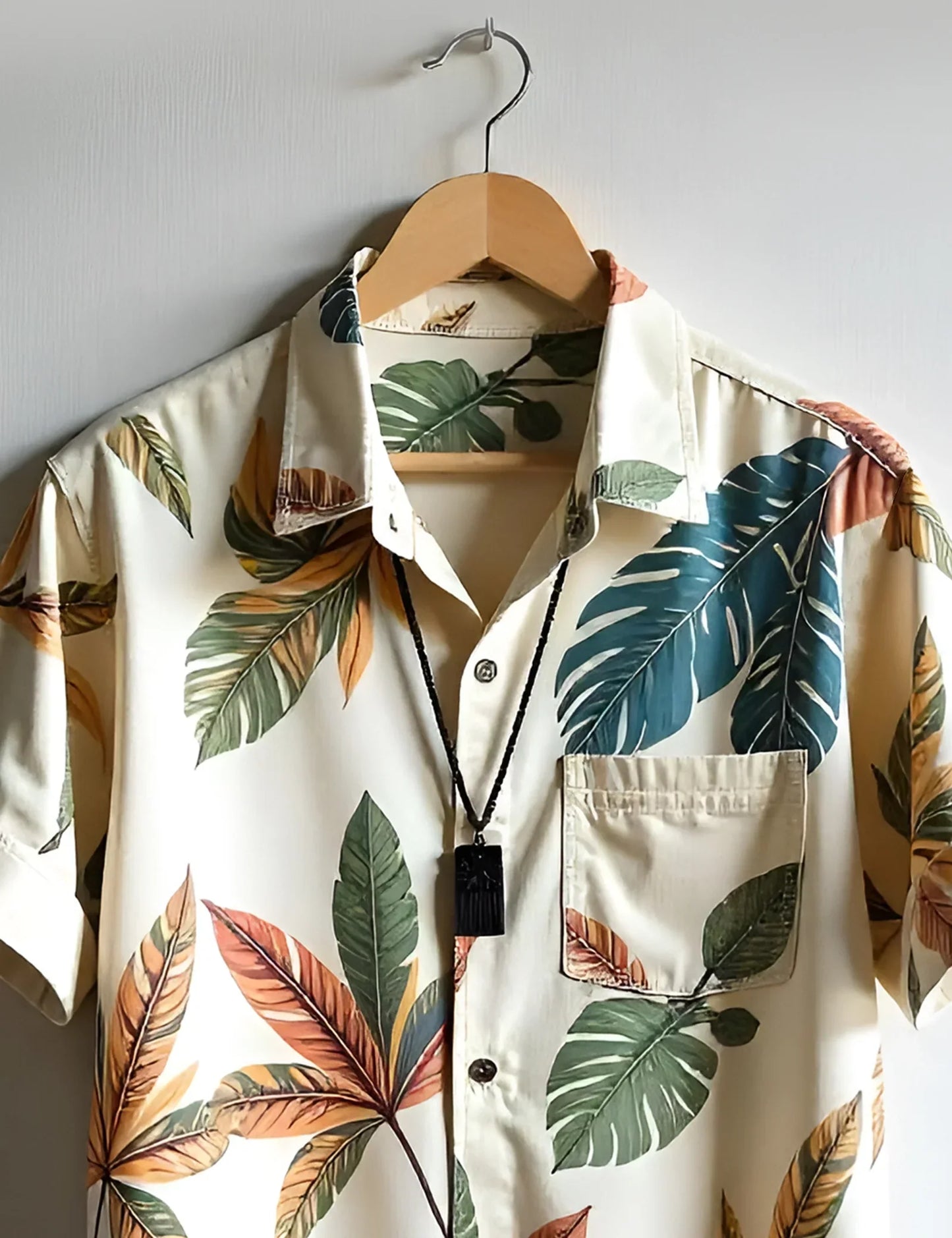 Cream Leaf Printed Easywear Cotton Men's Shirt for Men