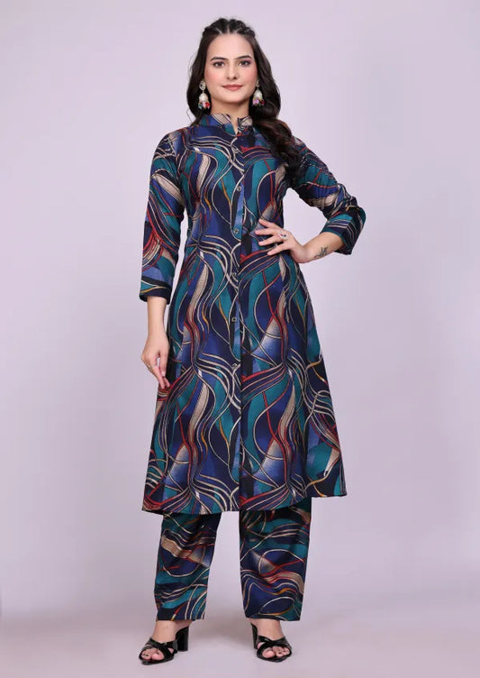 Dark Cotton Blue Kurti Pant Set For Women