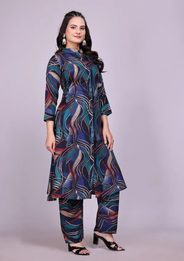 Dark Cotton Blue Kurti Pant Set For Women