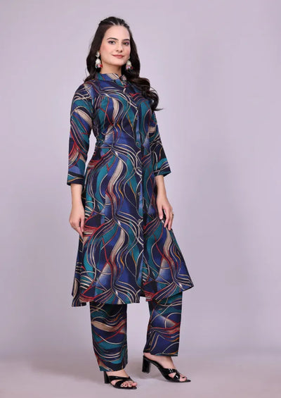 Dark Cotton Blue Kurti Pant Set For Women