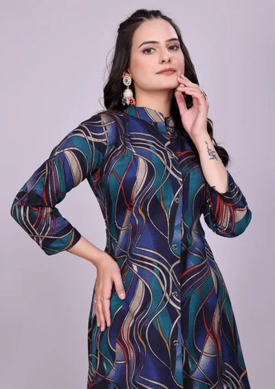 Dark Cotton Blue Kurti Pant Set For Women