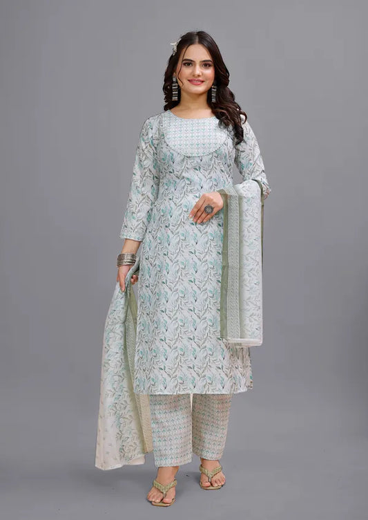 Grey_Cotton_Kurti_Pant_With_Dupatta_Set_For_Women