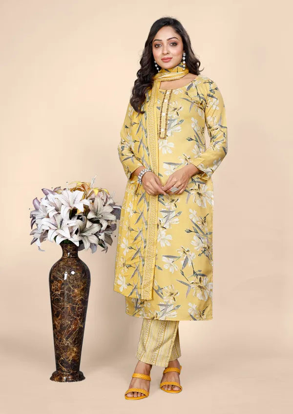 Yellow Cotton Kurti Pant With Dupatta Set For Women