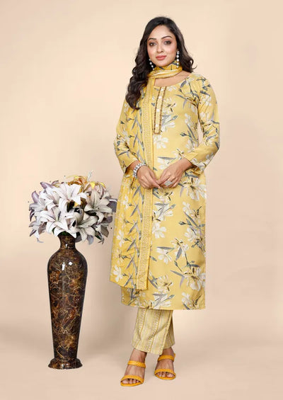Yellow Cotton Kurti Pant With Dupatta Set For Women