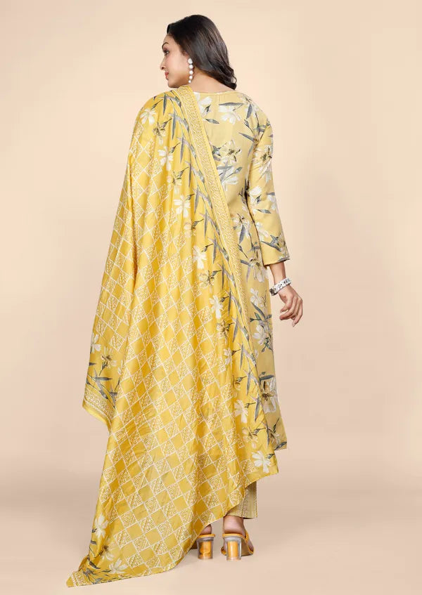 Yellow Cotton Kurti Pant With Dupatta Set For Women