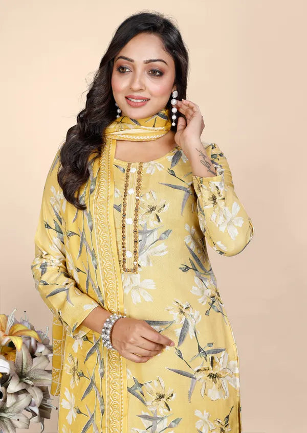 Yellow Cotton Kurti Pant With Dupatta Set For Women
