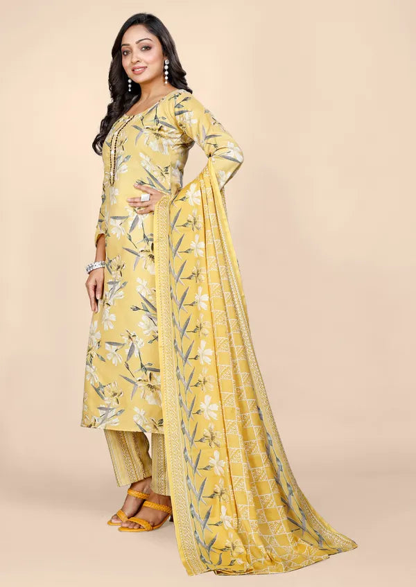 Yellow Cotton Kurti Pant With Dupatta Set For Women