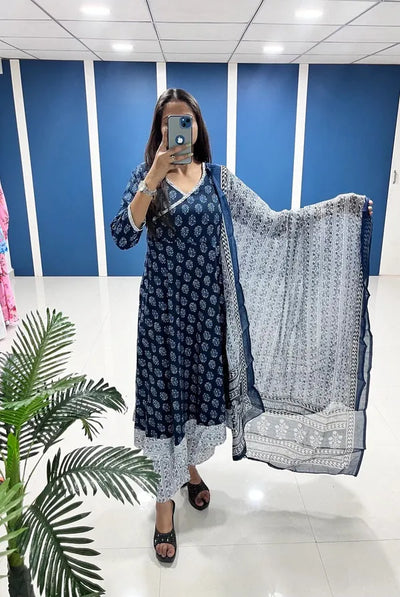 Navy Blue & White Printed Cotton Kurta Set with Dupatta