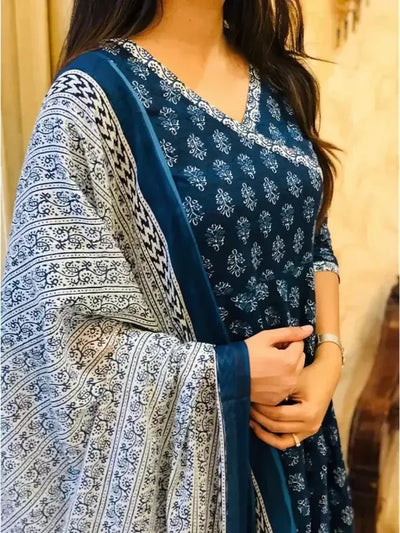 Navy Blue & White Printed Cotton Kurta Set with Dupatta