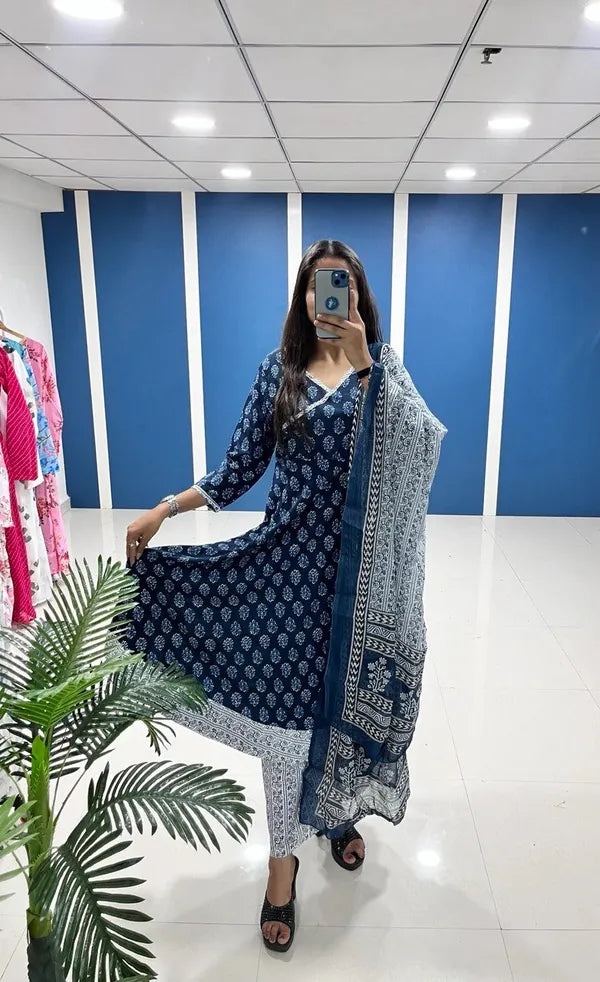 Navy Blue & White Printed Cotton Kurta Set with Dupatta