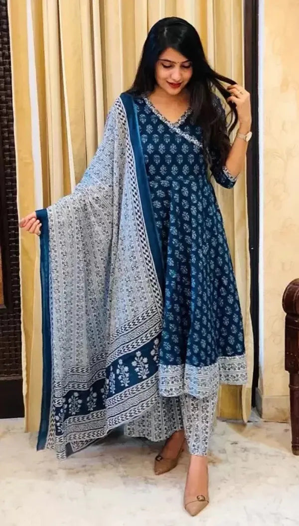 Navy Blue & White Printed Cotton Kurta Set with Dupatta
