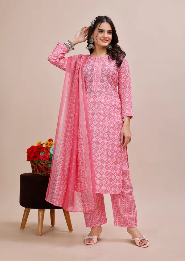 Pink Cotton Kurti Pant Dupatta Set For Women
