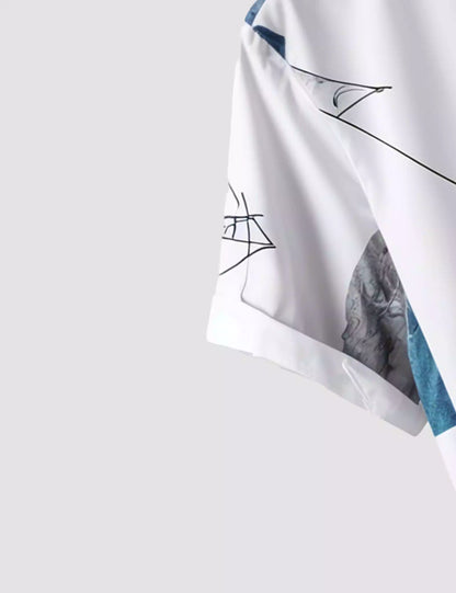 White Geometry Printed Designer Men's Half Sleeves Printed Shirt Exclusive Super Sale
