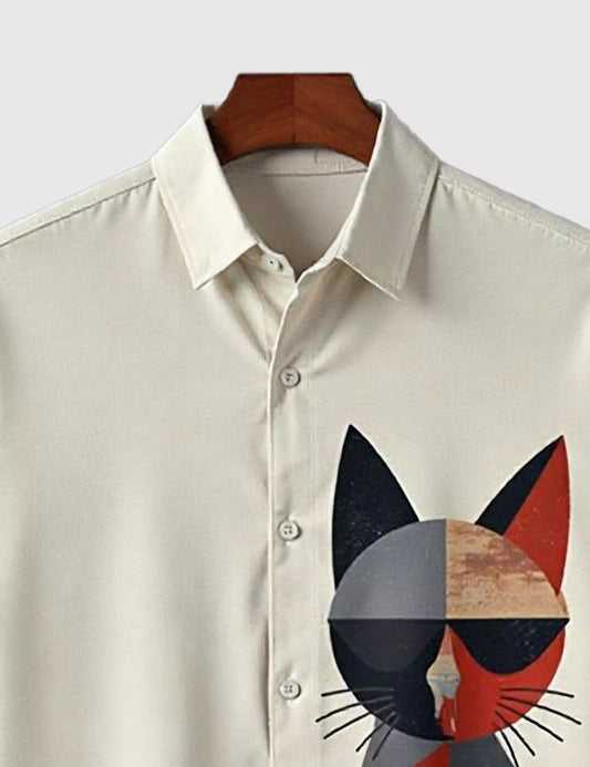 White Multicat Designer Men's Half Sleeves Printed Shirt Exclusive