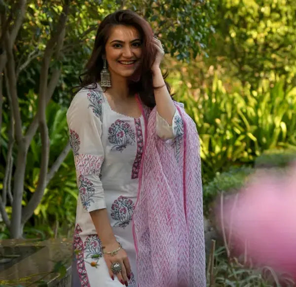 White & Pink Floral Cotton Kurta Set with Dupatta  Ethnic Wear for Women