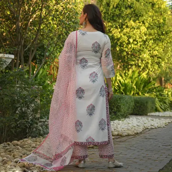 White & Pink Floral Cotton Kurta Set with Dupatta  Ethnic Wear for Women