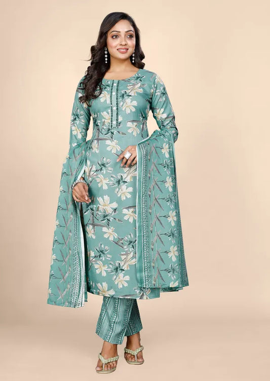 Green Cotton Kurti Pant With Dupatta Set For Women