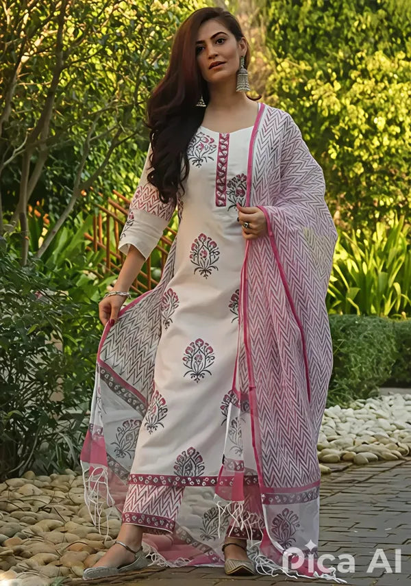 White & Pink Floral Cotton Kurta Set with Dupatta  Ethnic Wear for Women