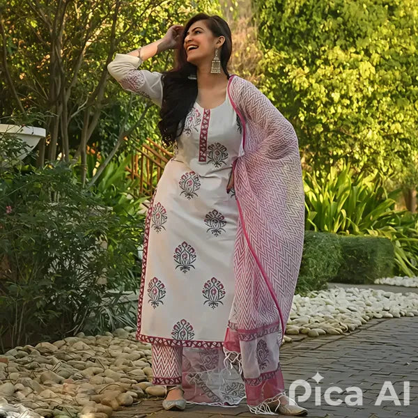 White & Pink Floral Cotton Kurta Set with Dupatta  Ethnic Wear for Women