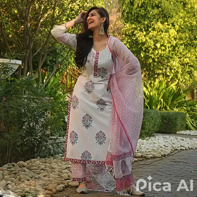 White & Pink Floral Cotton Kurta Set with Dupatta  Ethnic Wear for Women