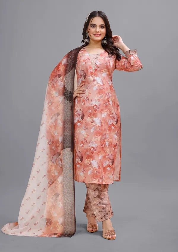 Orange Cotton Kurti Pant With Dupatta Set For Women
