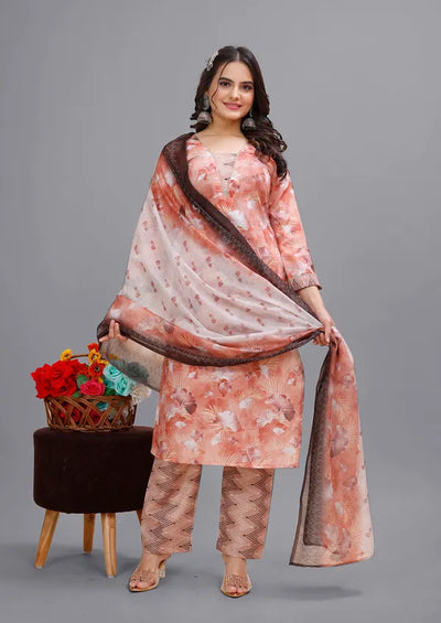 Orange Cotton Kurti Pant With Dupatta Set For Women