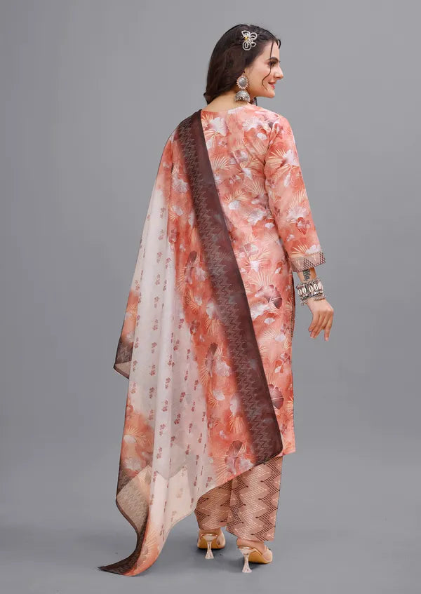 Orange Cotton Kurti Pant With Dupatta Set For Women