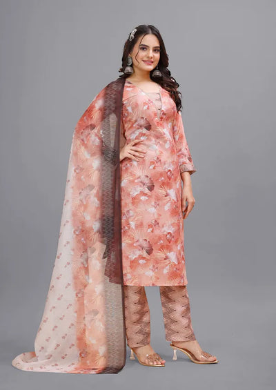 Orange Cotton Kurti Pant With Dupatta Set For Women